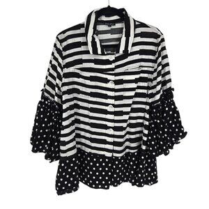 Dor dor couture black white stripe polka dot pinup button up ruffle sleeve Large